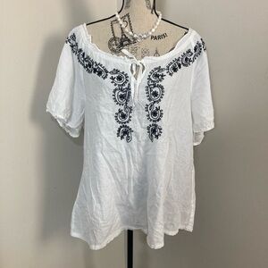 Signature White Top with Black Embroidery Tie Front Blouse